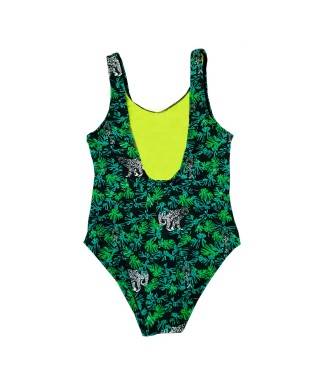Bañador verde con estampado selva para niña. Moda de verano. Ropa online