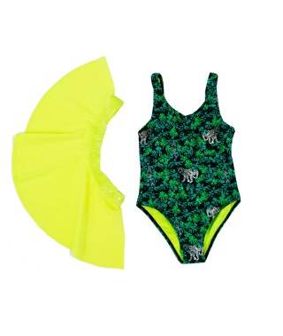 Bañador verde con estampado selva para niña. Moda de verano. Ropa online