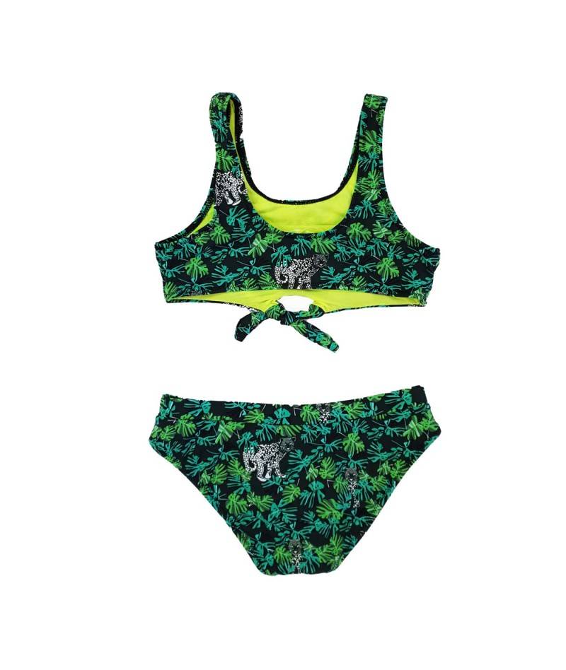 Bañador estampado selvático para niña. Bañador con hojas y tigres. Ropa de verano. Moda online.